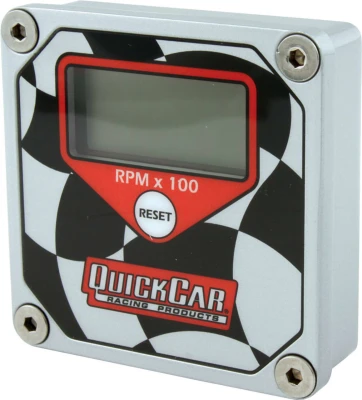 Quickcar Tachometer, QuickTach, 15000 RPM, Digital, 3 in Wide x 3 in Tall, Recall, 9V Battery, Waterproof, Aluminum, Checker Flag, Each. - QCP-611-099