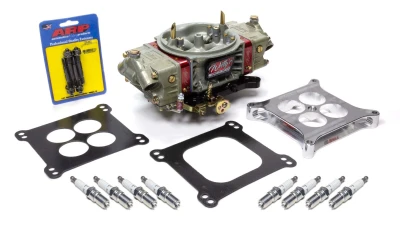 Willy's Carburetor, GM604 Power Kit, 4-Barrel, 750 CFM, Square Bore, No Choke, Mechanical Secondary, Dual Inlet, Includes Fasteners, Gaskets, Spacer, and Spark Plugs, Aluminum, Gold Chrome and Red Anodized, GM 604 Crate Engine, Kit. - WLY604CRATE