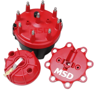 Cap and Rotor Kit, Cap-A-Dapts, HEI Style Terminal, Stainless Terminals, Clamp Down, Red, Vented, Fixed Rotor, MSD Distributors, V8, Kit - MSD8445