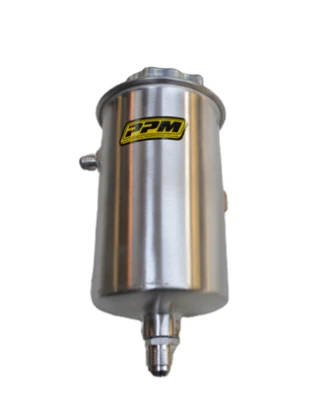 Power Steering Reservoir, Economy, 6 in Tall x 3 in OD, Left Side 6 AN Male Inlet, Bottom 10 AN Male Outlet, Weld on Bracket, Aluminum, Natural, Each - PPM01202