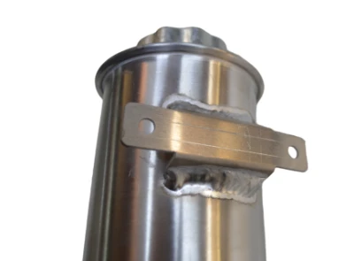 Power Steering Reservoir, Economy, 6 in Tall x 3 in OD, Left Side 6 AN Male Inlet, Bottom 10 AN Male Outlet, Weld on Bracket, Aluminum, Natural, Each - PPM01202