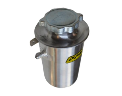 Power Steering Reservoir, Economy, 6 in Tall x 3 in OD, Left Side 6 AN Male Inlet, Bottom 10 AN Male Outlet, Weld on Bracket, Aluminum, Natural, Each - PPM01202