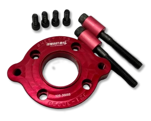 Power Steering Pump Adapter, Aluminum, Red Anodized, Sweet PTO Pump to Peterson R-4 Pump, Kit