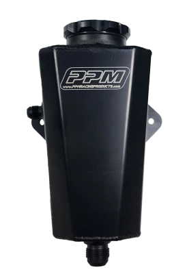 Power Steering Reservoir, Deluxe, 6 in Tall x 3 in square, Left Side 6 AN Male Inlet, Bottom 10 AN Male Outlet, Baffled, Aluminum, Black Anodized, Each - PPM01206