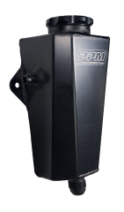 Power Steering Reservoir, Deluxe, 6 in Tall x 3 in square, Left Side 6 AN Male Inlet, Bottom 10 AN Male Outlet, Baffled, Aluminum, Black Anodized, Each