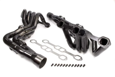 Full Length Headers, IMCA Modified Try-Y, 1.75 to 1.875in. Primary, 3.5in. Collector, Includes Gaskets and Hardware, Steel, Black Paint, 18 Degree Head, Small Block Chevy, its Bandit, BMS, Dirtworks, GRT, Harris, Hoffman, Jet, Larry Shaw, and Xtreme, Pair. - SCH1106VY18
