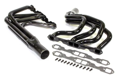 Full Length Headers, IMCA Modified, 1.625in. Primary, 3in. Collector, Includes Gaskets and Hardware, Steel, Black Paint, Small Block Chevy, Fits BMS, Dirt Works, Hoffman, Jet, KMOD, Pierce, Sardeson, Smileys and Victory, Pair. - SCH1185