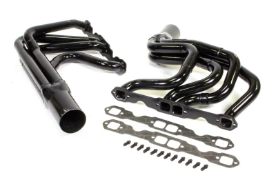 Full Length Step Headers, IMCA Modified, 1.625 to 1.75in. Primary, 3.5in. Collector, Includes Gaskets and Hardware, Steel, Black Paint, Small Block Chevy, Fits BMS, Dirt Works, Hoffman, Jet, KMOD, Pierce, Sardeson, Smileys and Victory, Pair. - SCH1185V