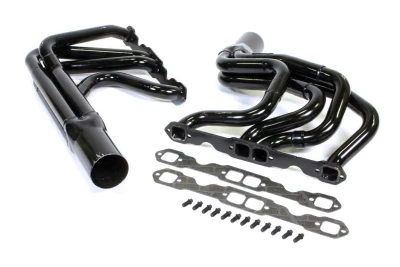 Full Length Step Headers, IMCA Modified, 1.625 to 1.75in Primary, 3in. Collector, Includes Gaskets and Hardware, Steel, Black Paint, Small Block Chevy, Fits BMS, Dirt Works, Hoffman, Jet, KMOD, Pierce, Sardeson, Smileys and Victory, Pair. - SCH1185V-3
