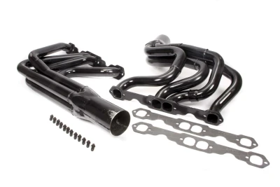 Full Length Step Headers, IMCA Modified, 1.75 to 1.875in. Primary, 3.5in. Collector, Includes Gaskets and Hardware, Steel, Black Paint, Small Block Chevy, Fits BMS Dirt Works, Hoffman, Jet, KMOD, Pierce, Sardeson, Smileys and Victory, Pair. - SCH1186V