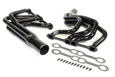 Full Length Step Headers, IMCA Modified, 1.75 to 1.875in. Primary, 3.5in. Collector, Includes Gaskets and Hardware, Steel, Black Paint, 18 Degree Head, Small Block Chevy, Fits BMS Dirt Works, Hoffman, Jet, KMOD, Pierce, Sardeson, Smileys and Victory, Pair. - SCH1186V18