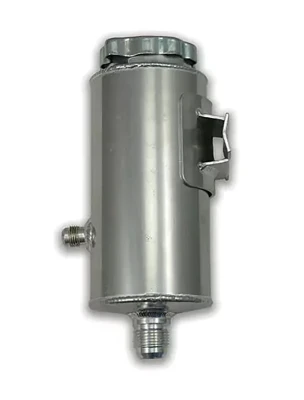 Power Steering Reservoir, Economy, 6 in Tall x 3 in OD, Left Side 6 AN Male Inlet, Bottom 10 AN Male Outlet, Weld on Bracket, Aluminum, Natural, Each - PPM01202