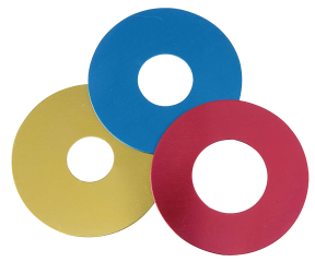 Water Outlet Restrictors, 2-1/8 in OD, 5/8 in 3/4 in 1 in ID, Aluminum, Blue / Gold / Red Anodized, Small Block Ford / GM V6 / V8, Set of 3