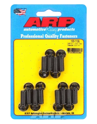 Header Bolt, 3/8-16 in Thread, 1 in Long, Hex Head, Chromoly, Black Oxide, Universal, Set of 12. - ARP100-1109