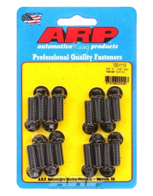 Header Bolt, 3/8-16 in Thread, 1 in Long, Hex Head, Chromoly, Black Oxide, Universal, Set of 16. - ARP100-1110