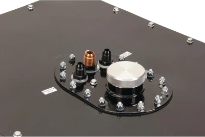 Fuel Cell and Can, Circle Track, 22 gal, 18.5 in Wide x 26 in Deep x 15.5 in Tall, 10 AN Male Outlet, 8 AN Male Return, 8 AN Male Vent, Steel, Black Powder Coat, Each - RCI1222GD