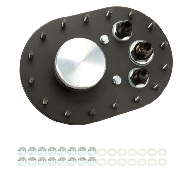 Fuel Cell Filler Plate, Threaded Cap, Flat Mount, 16-Bolt Flange, 10 AN Male Outlet, 8 AN Male Vent, Aluminum, Natural, Kit - RCI7032B
