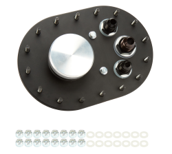 Fuel Cell Filler Plate, Threaded Cap, Flat Mount, 16-Bolt Flange, 10 AN Male Outlet, 8 AN Male Vent, Aluminum, Natural, Kit