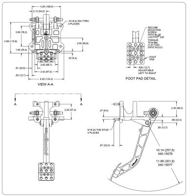 Pedal Assembly, Tru-Bar, Brake, 6.25 to 1 Ratio, 11.88 in Long, Reverse Swing Mount, Aluminum, Black Paint, Each - WIL340-15077