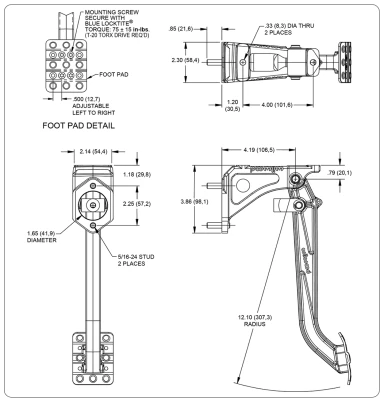 Clutch Pedal Assembly, 7 to 1 Ratio, 12.10 in Long, Single Master Cylinder, Forward Swing Mount, Aluminum, Black Paint, Each. - WIL340-13834
