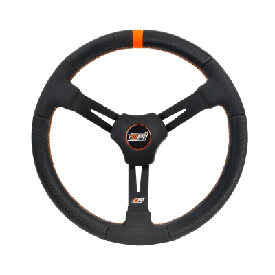 MPI Steering Wheel, Dirt Circle Track, 15in. Diameter, 2.25in. Dish, 3-Spoke, Black Vinyl Grip, Orange Stripe, Aluminum, Black Anodized, Each. - MPI-DM2-15XL