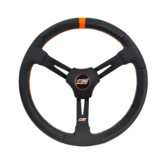 MPI Steering Wheel, Dirt Circle Track, 15in. Diameter, 2.25in. Dish, 3-Spoke, Black Vinyl Grip, Orange Stripe, Aluminum, Black Anodized, Each.