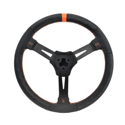 MPI Steering Wheel, Dirt Circle Track, 15in. Diameter, 2.25in. Dish, 3-Spoke, Black Vinyl Grip, Orange Stripe, Aluminum, Black Anodized, Each. - MPI-DM2-15XL