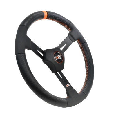 MPI Steering Wheel, Dirt Circle Track, 15in. Diameter, 2.25in. Dish, 3-Spoke, Black Vinyl Grip, Orange Stripe, Aluminum, Black Anodized, Each. - MPI-DM2-15XL