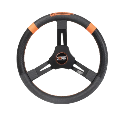 MPI Steering Wheel, Dirt karting, Micro Sprint, Mini outlaw, 15in. Diameter, 2.25in. Dish, 3-Spoke, Synthetic Grip, Orange Stripes, Aluminum, Black Anodized, Each. - MPI-KMD-15