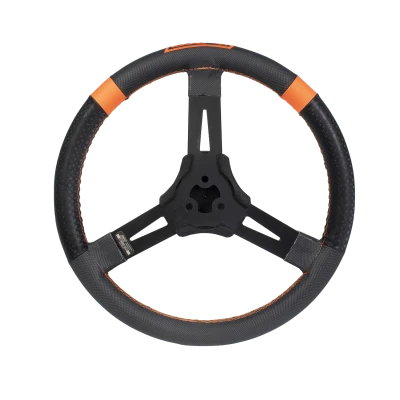 MPI Steering Wheel, Dirt karting, Micro Sprint, Mini outlaw, 15in. Diameter, 2.25in. Dish, 3-Spoke, Synthetic Grip, Orange Stripes, Aluminum, Black Anodized, Each. - MPI-KMD-15