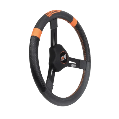MPI Steering Wheel, Dirt karting, Micro Sprint, Mini outlaw, 15in. Diameter, 2.25in. Dish, 3-Spoke, Synthetic Grip, Orange Stripes, Aluminum, Black Anodized, Each. - MPI-KMD-15
