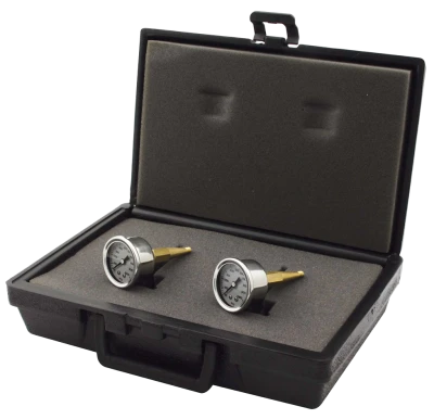 Brake Pressure Gauge, 0-1500 psi, Mechanical, Analog, Dual Gauges, Full Sweep, 1-1/2 in Diameter, 1/8 in NPT, White Face, Case Included, Kit - QCP-64-510
