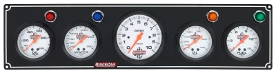 Legend Gauge Panel Assembly, Fuel Pressure / Oil Pressure / Oil Temperature / Tachometer / Water Temperature, 3-3/8 in / 2-5/8 in Diameter, Silver Face, Warning Light, Kit. - QCP-61-67513