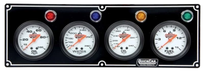 Legend Gauge Panel Assembly, Fuel Pressure / Oil Pressure / Oil Temperature / Water Temperature, 2-5/8 in Diameter, Silver Face, Warning Light, Kit - QCP-61-6721