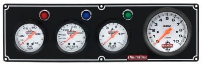 Legend Gauge Panel Assembly, Fuel Pressure / Oil Pressure / Tachometer / Water Temperature, 3-3/8 in / 2-5/8 in Diameter, Silver Face, Warning Light, Kit. - QCP-61-67423