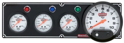 Legend Gauge Panel Assembly, Fuel Pressure / Oil Pressure / Tachometer / Water Temperature, 5 in / 2-5/8 in Diameter, Silver Face, Warning Light, Kit. - QCP-61-6742