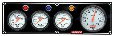 Legend Gauge Panel Assembly, Oil Pressure / Oil Temperature / Tachometer / Water Temperature, 3-3/8 in / 2-5/8 in Diameter, Silver Face, Warning Light, Kit. - QCP-61-67413