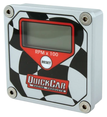Quickcar Tachometer, QuickTach, 15000 RPM, Digital, 3 in Wide x 3 in Tall, Recall, 9V Battery, Waterproof, Aluminum, Checker Flag, Each. - QCP-611-099