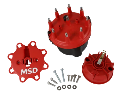 Cap and Rotor Kit, Cap-A-Dapts, HEI Style Terminal, Stainless Terminals, Clamp Down, Red, Vented, Fixed Rotor, MSD Distributors, V8, Kit - MSD8445
