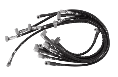 Spark Plug Wire Set, Super Conductor, Spiral Core, 8.5 mm, Sleeved, Black, 90 Degree Boots, HEI Style Terminal, Under Exhaust, Small Block Chevy, Kit - MSD35591