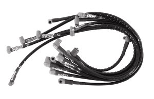 Spark Plug Wire Set, Super Conductor, Spiral Core, 8.5 mm, Sleeved, Black, 90 Degree Boots, HEI Style Terminal, Under Exhaust, Small Block Chevy, Kit