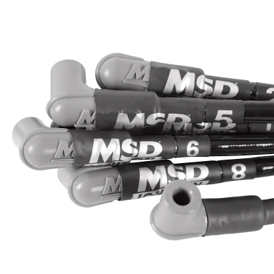 Spark Plug Wire Set, Super Conductor, Spiral Core, 8.5 mm, Sleeved, Black, 90 Degree Boots, HEI Style Terminal, Under Exhaust, Small Block Chevy, Kit - MSD35591