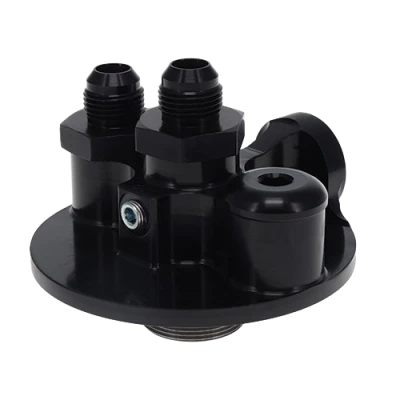 Oil Filter Mount, 12 AN Male Ports, 1-1/2-12 in Center Thread, Firewall Mount, Aluminum, Black Anodized, Universal, Each - PET09-1394