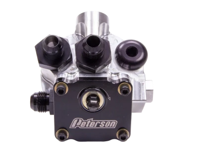 Oil Filter Mount, Primer Pump, 12 AN Male Ports, 1-1/2-12 in Center Thread, Aluminum, Black Anodized, Universal, Left Side Inlet, Each 51222R - PET09-1561