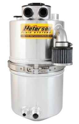 Oil Tank, Dry Sump, 16 qt, 19-7/8 in Tall, 9 in OD, 16 AN Male O-Ring Inlet, 16 AN Male O-Ring Outlet, Integral Breather, Filter, Aluminum, Natural, Each - PET08-9016