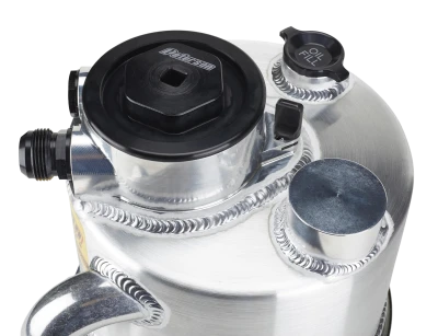 Oil Tank, Dry Sump, 16 qt, 19-7/8 in Tall, 9 in OD, 16 AN Male O-Ring Inlet, 16 AN Male O-Ring Outlet, Integral Breather, Filter, Aluminum, Natural, Each - PET08-9016