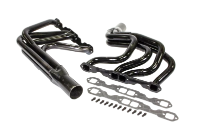 Full Length Headers, IMCA Modified, 1.625in. Primary, 3in. Collector, Includes Gaskets and Hardware, Steel, Black Paint, Small Block Chevy, Fits BMS, Dirt Works, Hoffman, Jet, KMOD, Pierce, Sardeson, Smileys and Victory, Pair. - SCH1185
