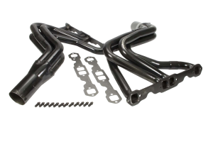 Full Length Headers, Street Stock, 1.625in. Primary, 3in. Collector, Includes Gaskets and Hardware, Steel, Black Paint, Stock Metric Clip 1978-1987, Small Block Chevy, Pair.