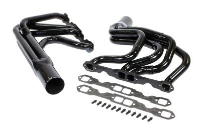 Full Length Step Headers, IMCA Modified, 1.625 to 1.75in. Primary, 3.5in. Collector, Includes Gaskets and Hardware, Steel, Black Paint, Small Block Chevy, Fits BMS, Dirt Works, Hoffman, Jet, KMOD, Pierce, Sardeson, Smileys and Victory, Pair. - SCH1185V