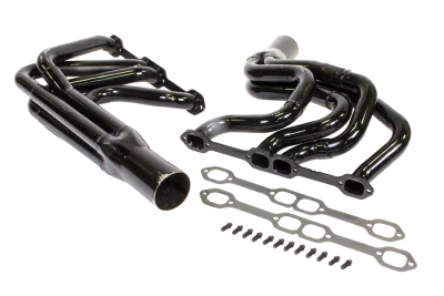 Full Length Step Headers, IMCA Modified, 1.75 to 1.875in. Primary, 3.5in. Collector, Includes Gaskets and Hardware, Steel, Black Paint, 18 Degree Head, Small Block Chevy, Fits BMS Dirt Works, Hoffman, Jet, KMOD, Pierce, Sardeson, Smileys and Victory, Pair. - SCH1186V18